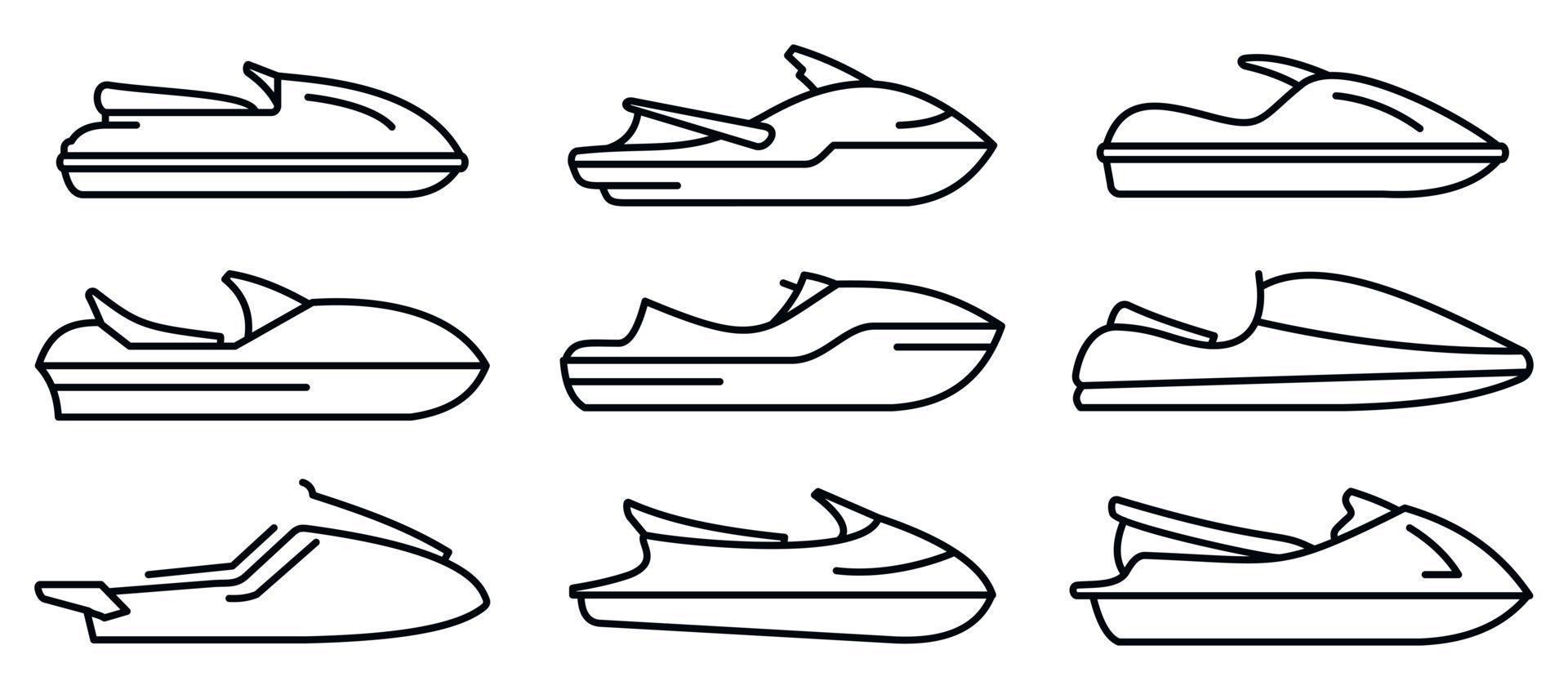 set di icone di moto d'acqua da corsa, stile contorno vettore