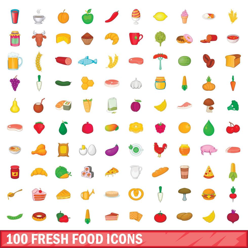 100 icone di cibo fresco impostate, stile cartone animato vettore