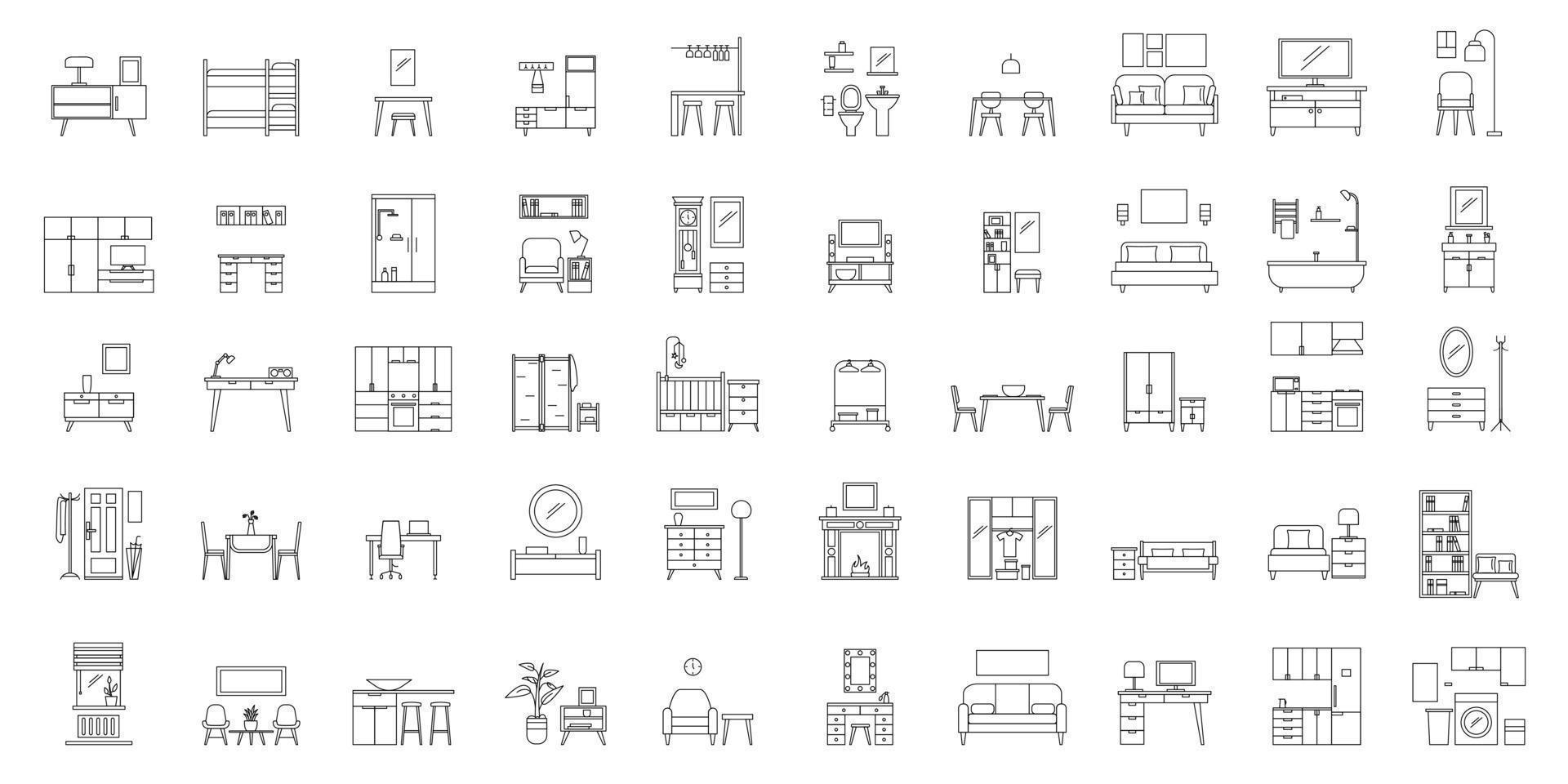 set di icone di oggetti interni della stanza, stile del contorno vettore