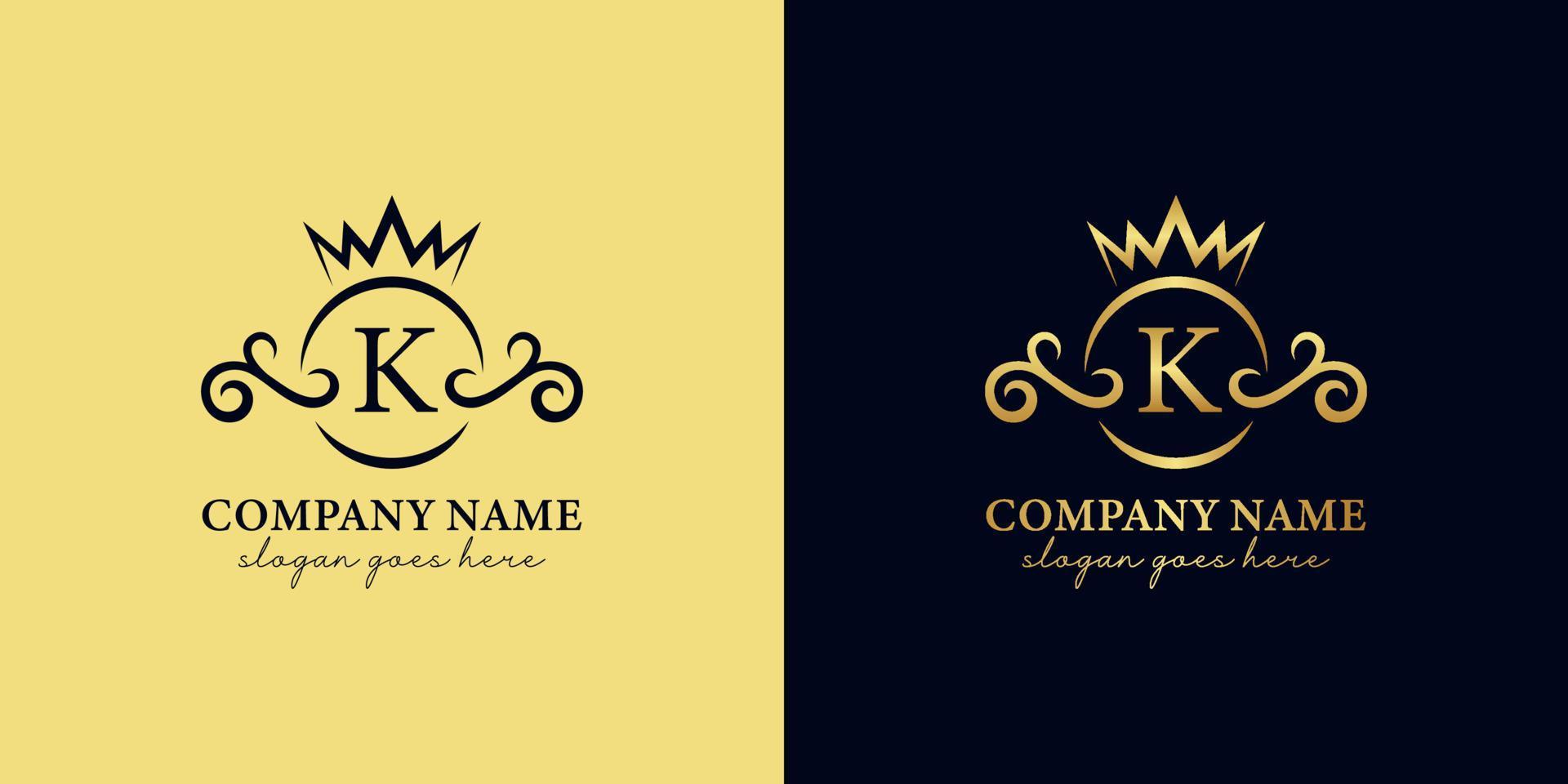 iniziali di lusso dorate lettera k con ornamento e corona icona per il tuo marchio reale, matrimonio, logo decorativo vettore