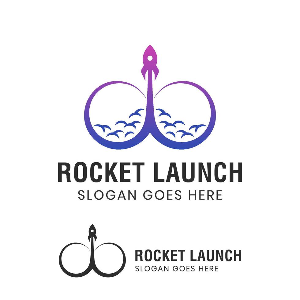 simbolo di infinito con tecnologia moderna di lancio di razzi, modello di logo di lancio di razzi vettore