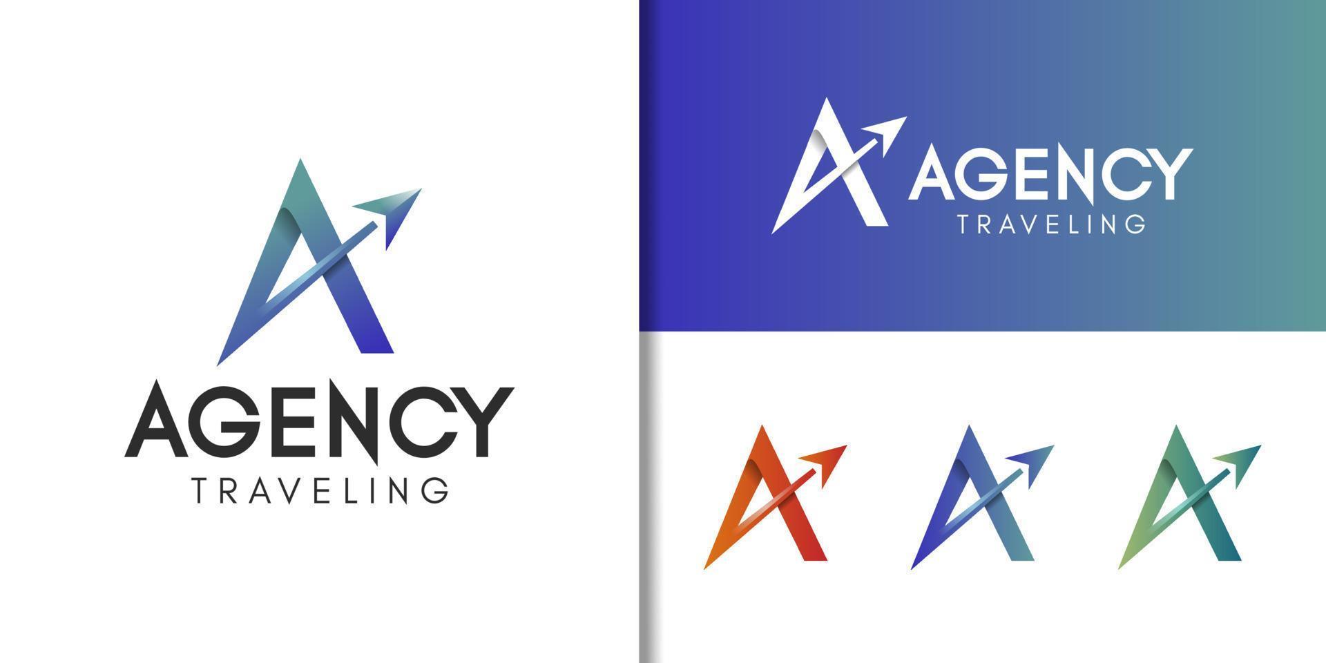 loghi moderni della lettera iniziale a con un aereo a freccia o un lancio di un razzo per il design del logo aziendale dell'agenzia di viaggi vettore
