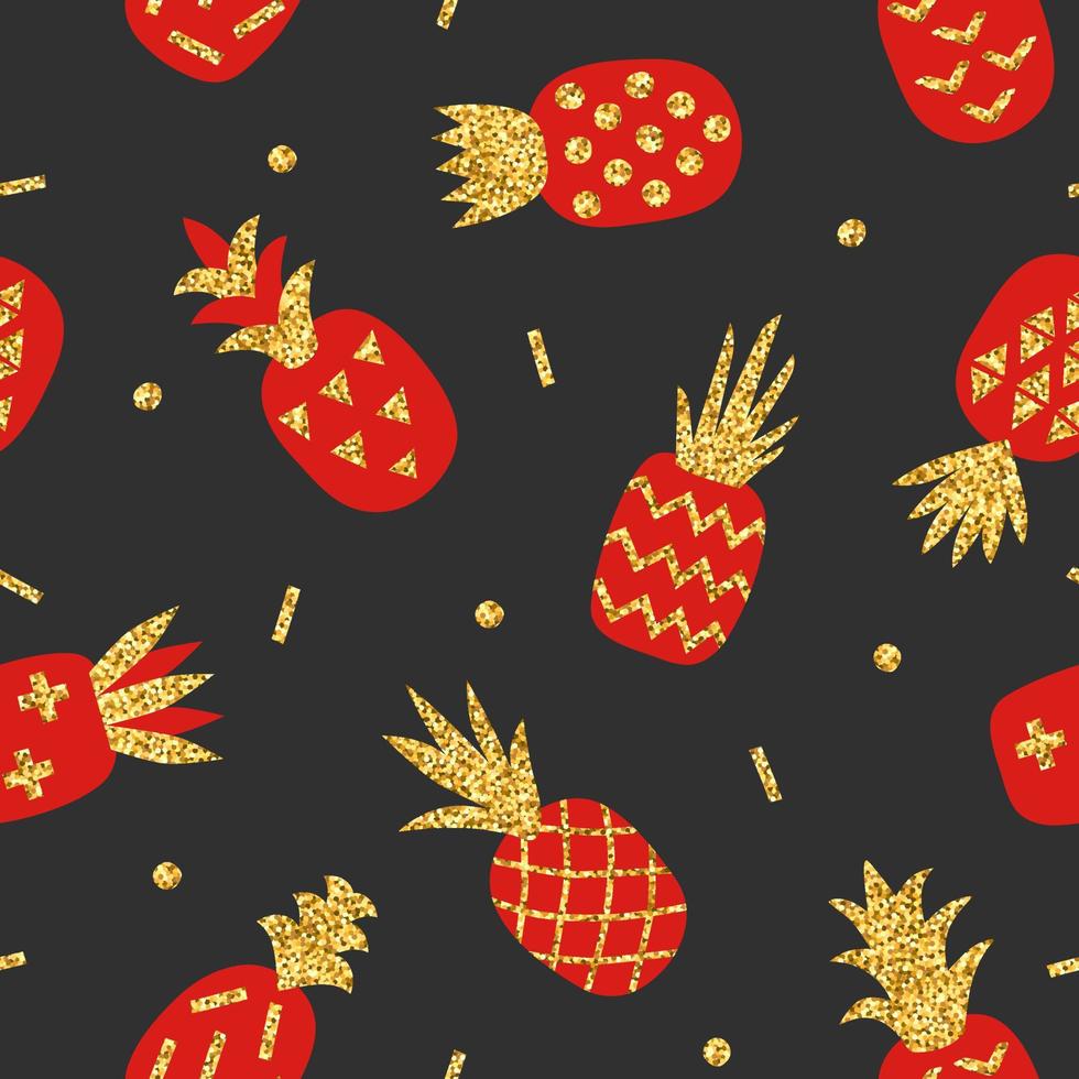 modello creativo senza cuciture di ananas rosso con texture glitter oro su sfondo nero. ornamento geometrico, sfondo elegante. illustrazione vettoriale con ananas carino disegnato a mano