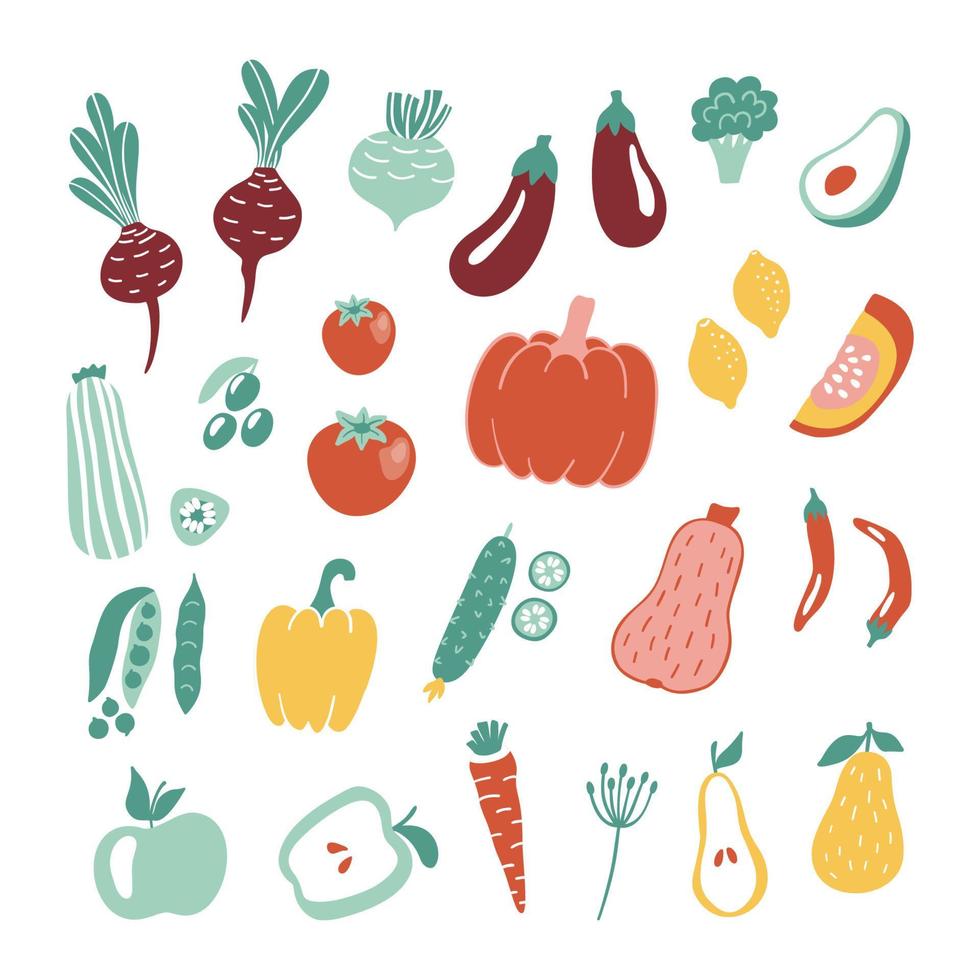 raccolta di frutta e verdura disegnata a mano isolata su sfondo bianco. illustrazione vettoriale per la progettazione di menu, imballaggio, libro di cucina.