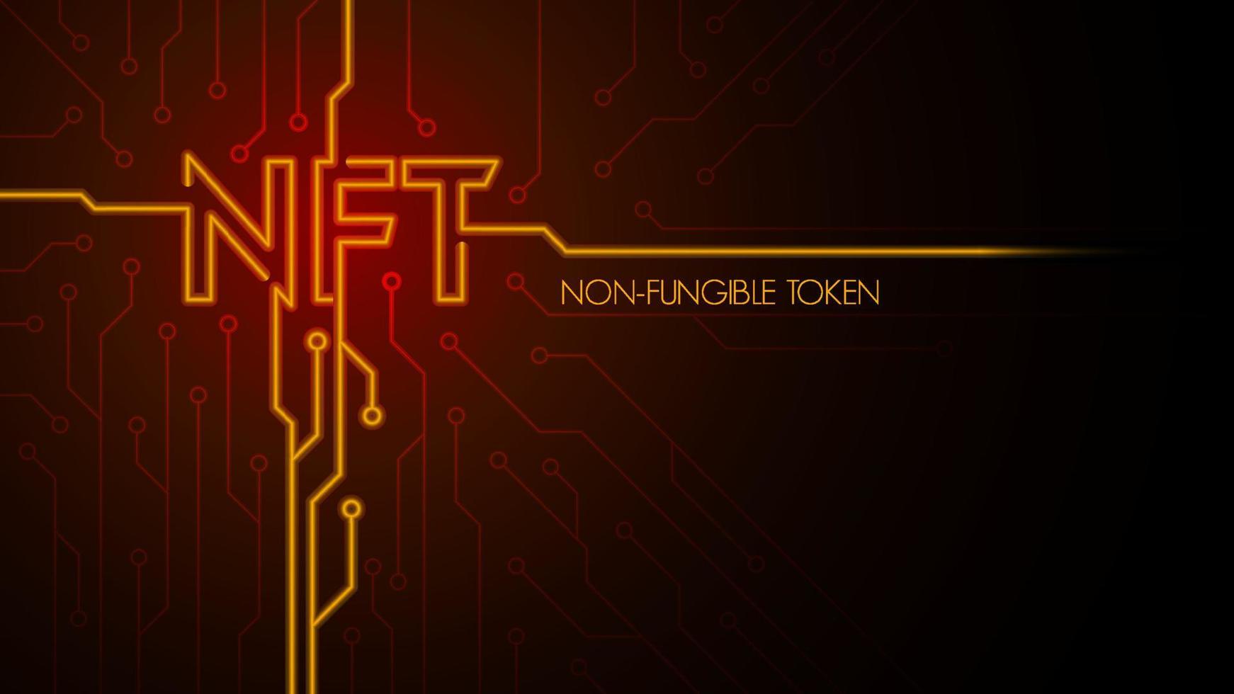 tecnologia di token non fungibili nft con tracce pcb e token unici su sfondo scuro. l'arte viene convertita in un file digitale. tecnologia dell'innovazione. vettore