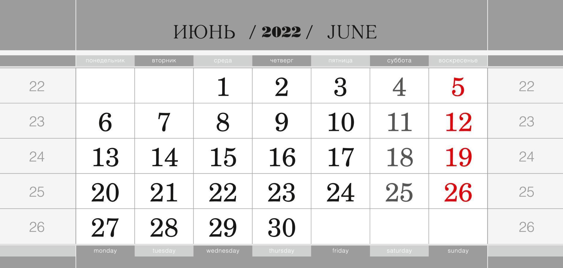 blocco trimestrale del calendario per l'anno 2022, giugno 2022. calendario da parete, lingua inglese e russa. la settimana inizia da lunedì. vettore