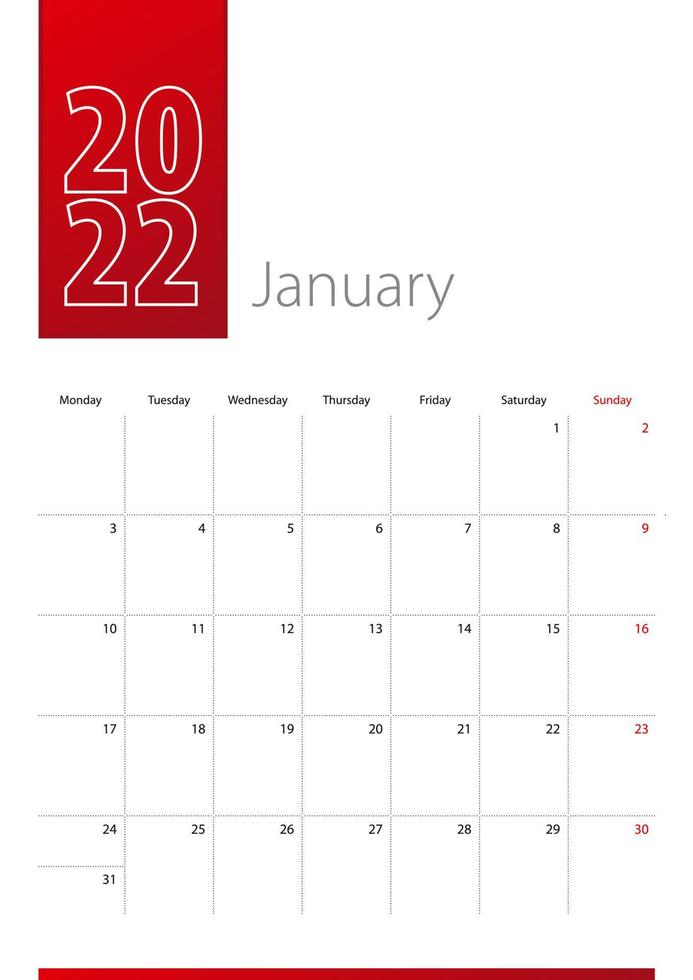gennaio 2022 design del calendario. la settimana inizia il lunedì. modello di calendario verticale. vettore