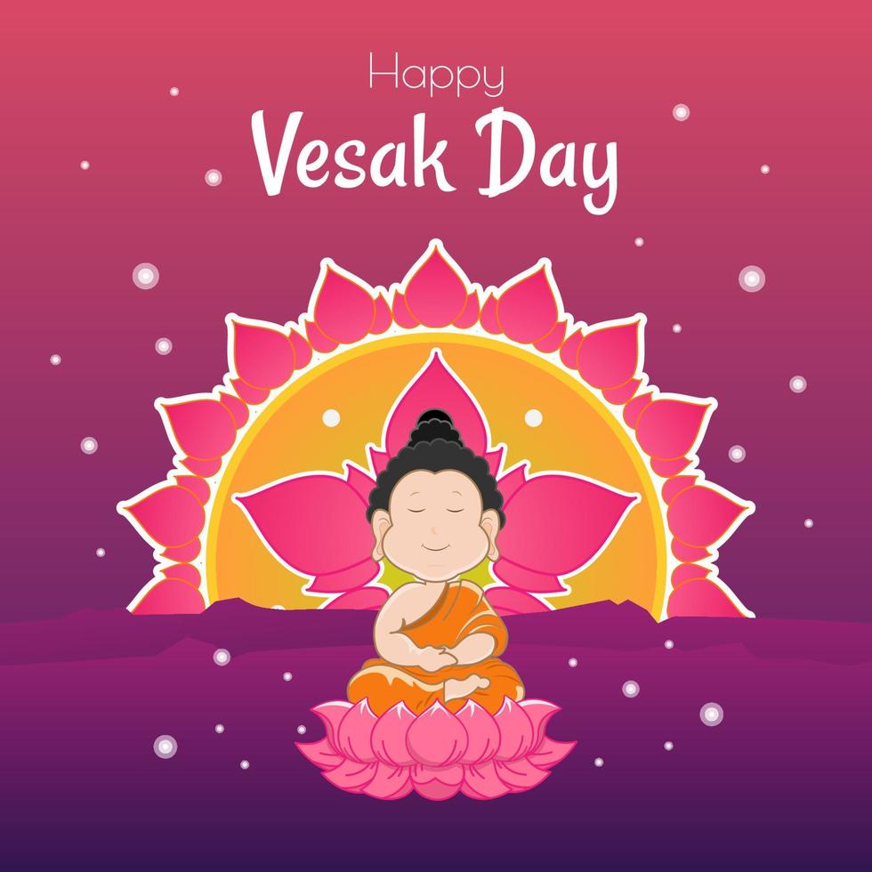 vesak day banner con buddha carino e petali di loto e lampion su sfondo sfumato disegno vettoriale. disegno vettoriale dell'illustrazione dell'evento della cultura tradizionale del giorno di vesak