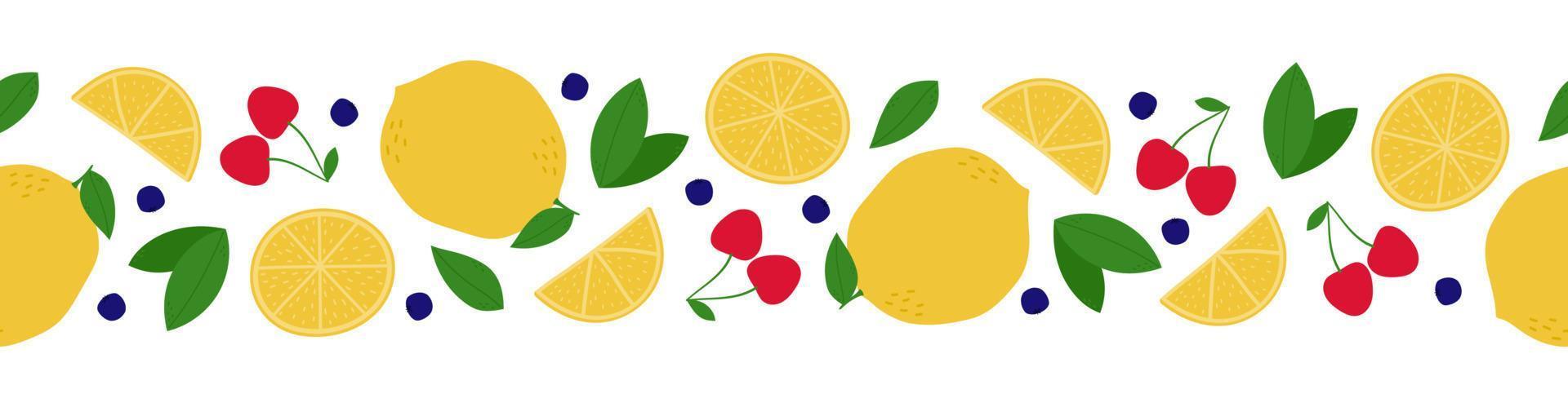 bordo senza cuciture di frutta e bacche. ciliegia, limone, foglia e mirtillo su sfondo bianco vettore