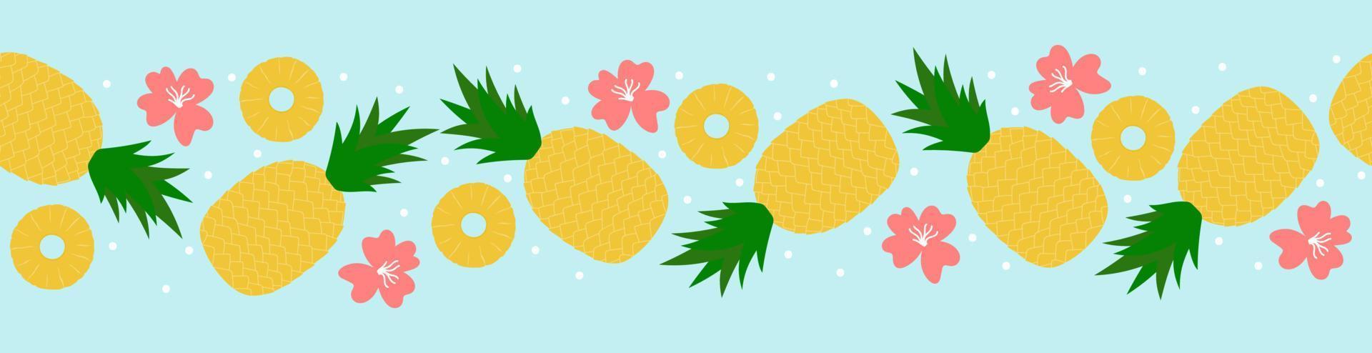 bordo senza giunte di ananas. cartone animato intera frutta, fette e fiori su sfondo blu vettore