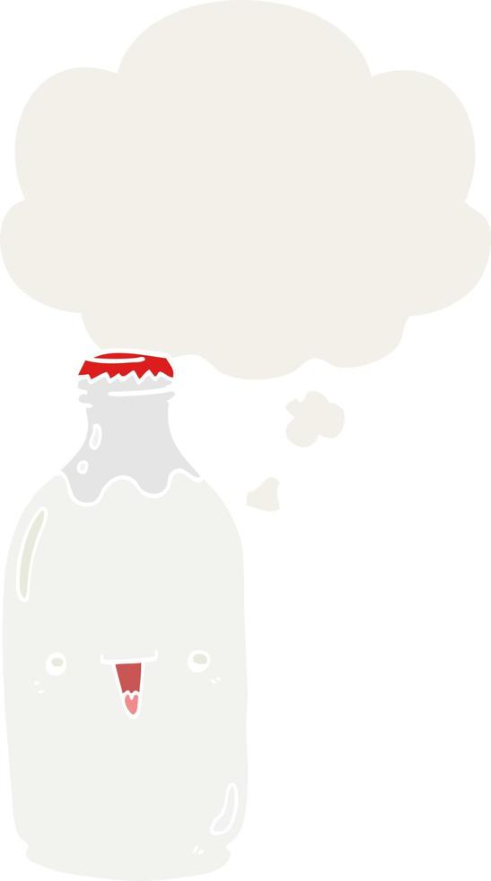 simpatico cartone animato bottiglia per il latte e bolla di pensiero in stile retrò vettore