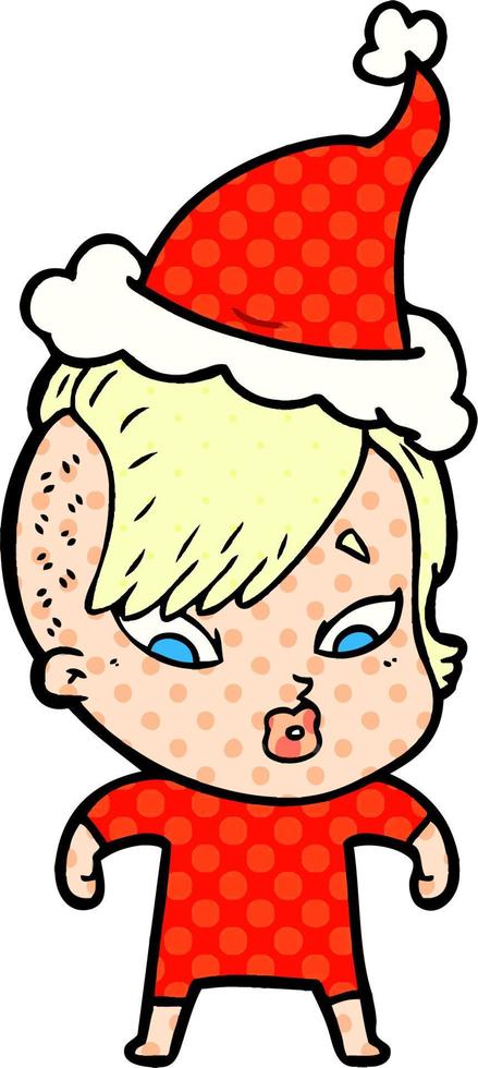 illustrazione in stile fumetto di una ragazza sorpresa che indossa il cappello di Babbo Natale vettore