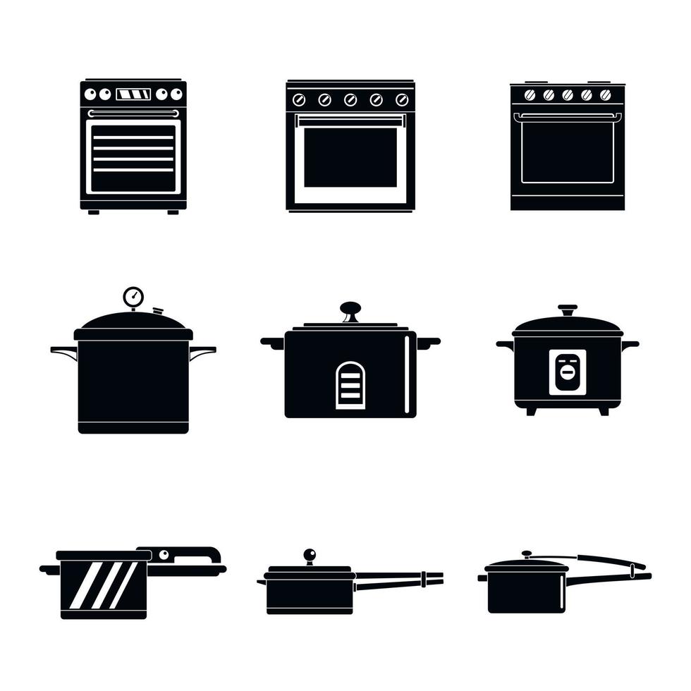 fornello forno fornello pan icone impostare uno stile semplice vettore