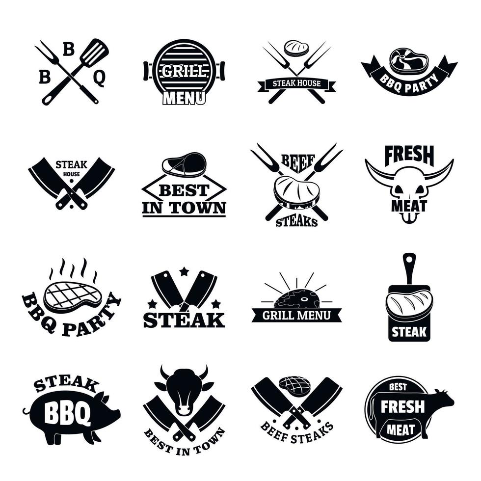 bistecca logo manzo alla griglia set di icone, stile semplice vettore
