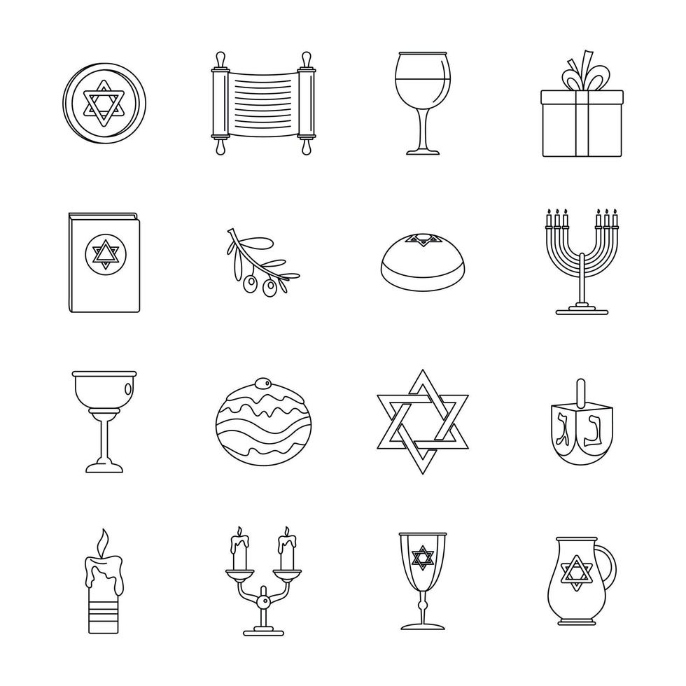 chanukah festa ebraica set di icone, stile contorno vettore
