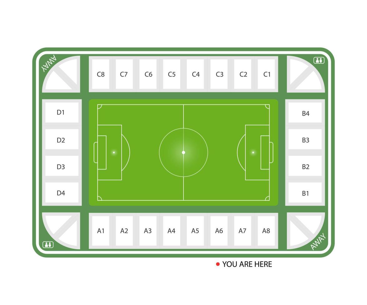 vista dall'alto dello stadio di calcio con numeri di posto, disegno di illustrazione vettoriale. vettore