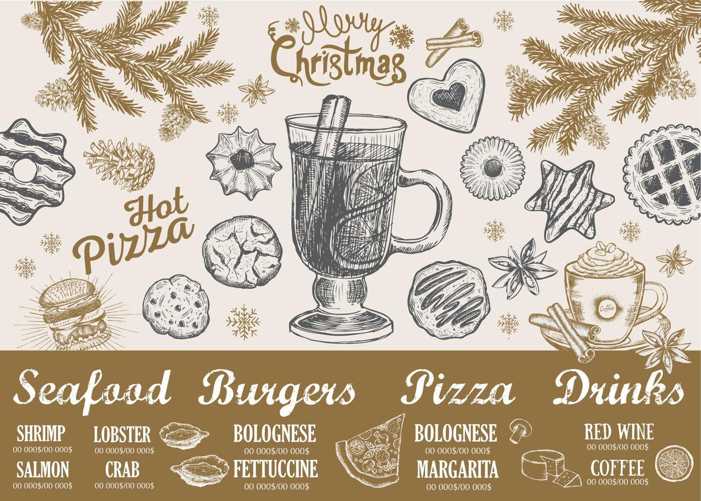 caffè del menu di natale. volantino alimentare. menù del ristorante. disegno del modello. vettore