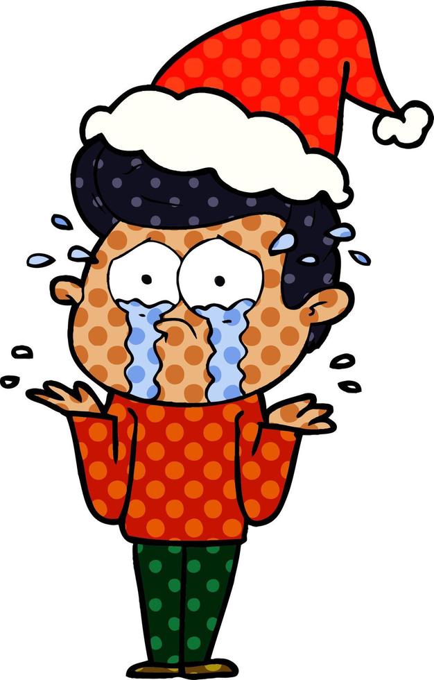 illustrazione in stile fumetto di un uomo piangente che indossa il cappello di Babbo Natale vettore