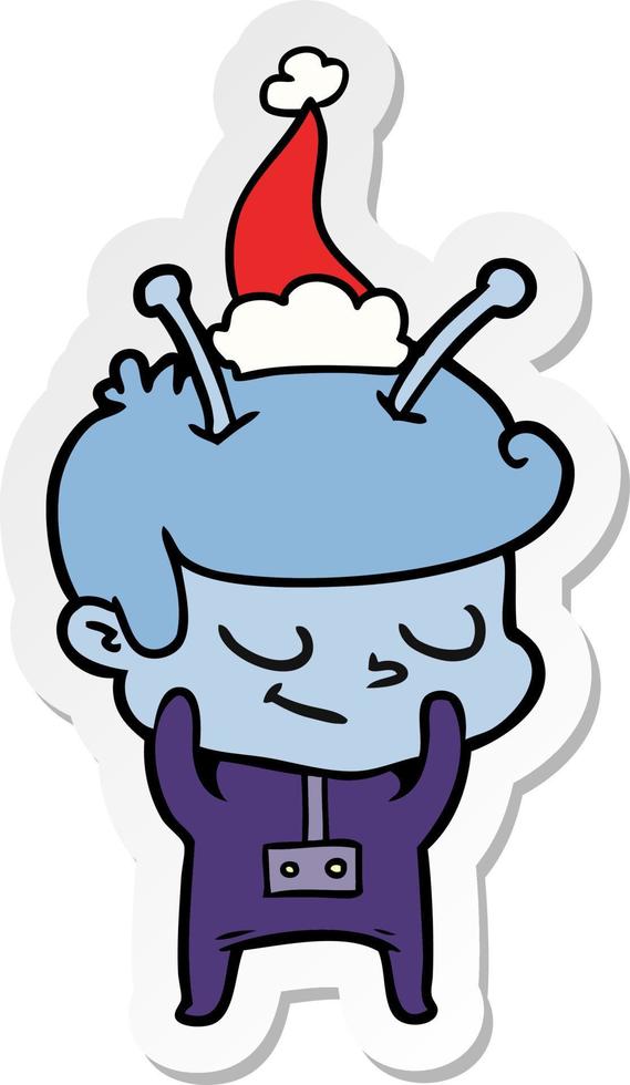 timido adesivo cartone animato di un astronauta che indossa il cappello di Babbo Natale vettore