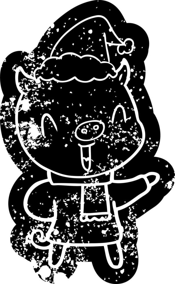 felice cartone animato icona angosciata di un maiale in abiti invernali che indossa il cappello di Babbo Natale vettore