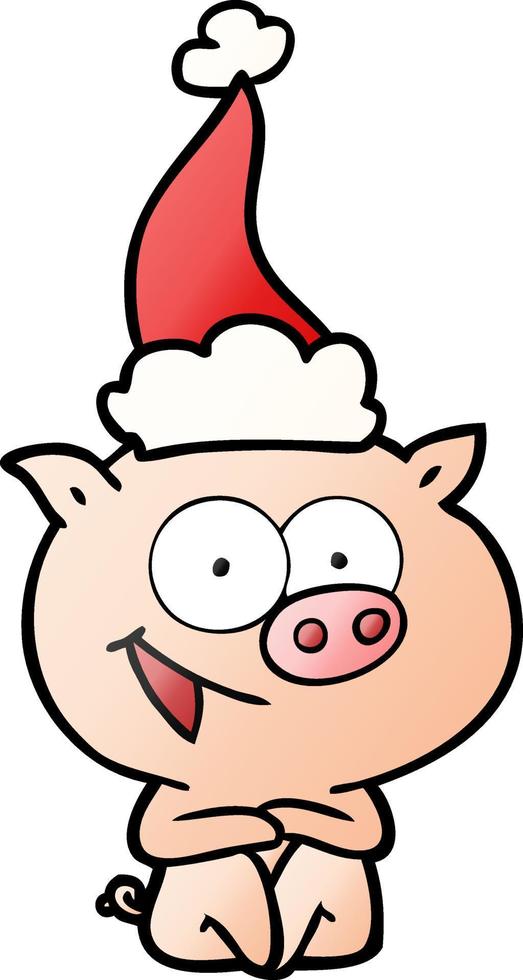 cartone animato con gradiente di maiale seduto allegro di un cappello da Babbo Natale da portare vettore