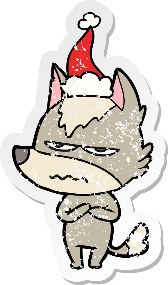 adesivo in difficoltà cartone animato di un lupo infastidito che indossa il cappello di Babbo Natale vettore