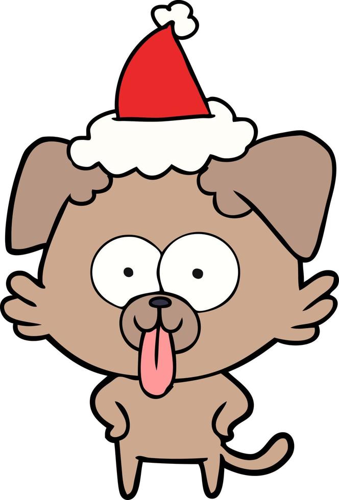 disegno a tratteggio di un cane con la lingua fuori che indossa il cappello di Babbo Natale vettore