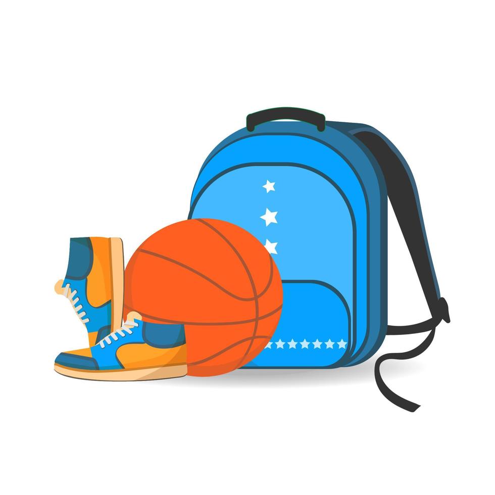 zaino con scarpe da ginnastica e un pallone da basket. zaino sportivo blu con sneakers e basket, per adesivi, sfondi, per volantini scolastici e siti web. vettore