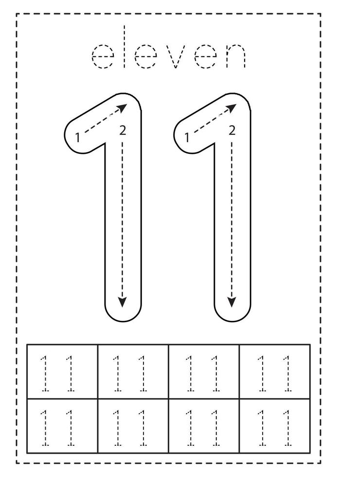 tracciamento numero undici. foglio di lavoro prescolare. bianco e nero. vettore