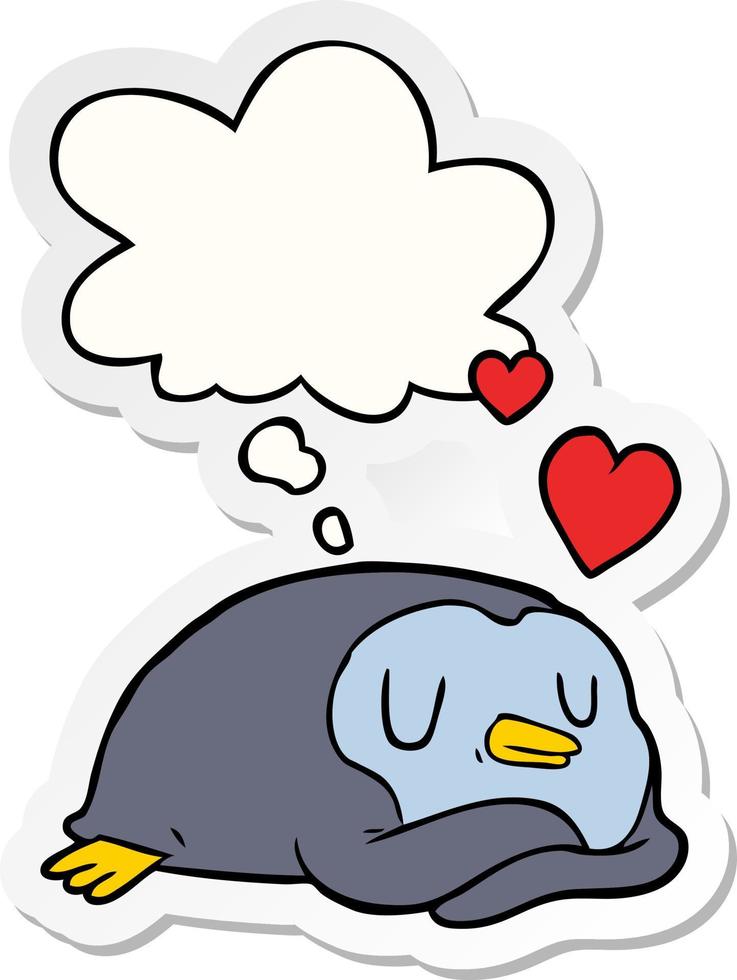 cartone animato pinguino innamorato e bolla di pensiero come adesivo stampato vettore
