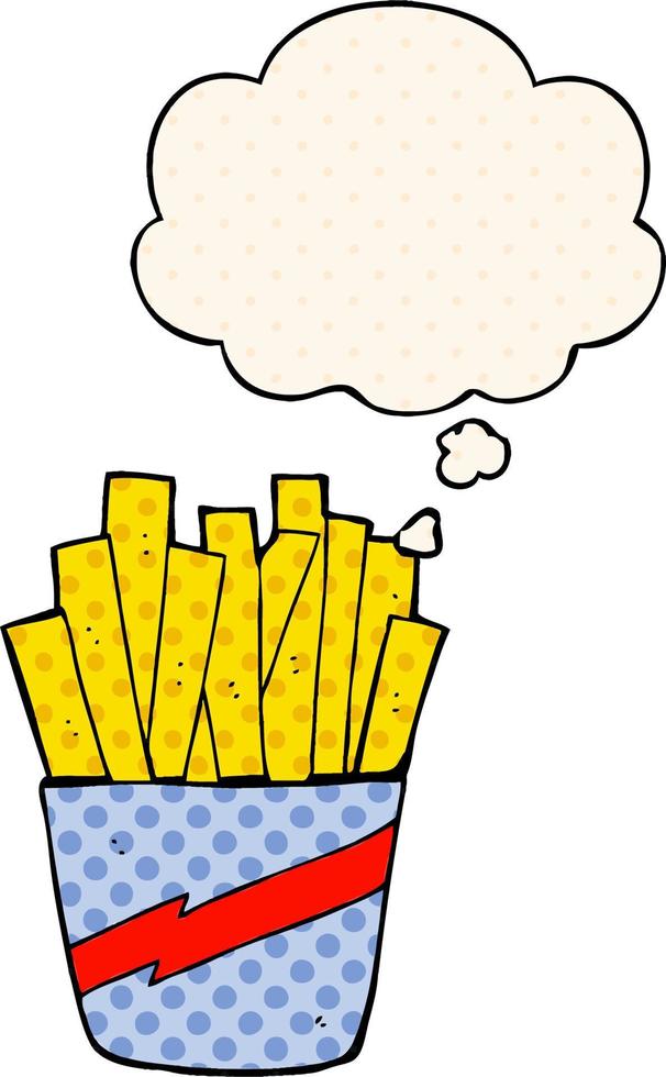 scatola di cartone animato di patatine fritte e bolla di pensiero in stile fumetto vettore