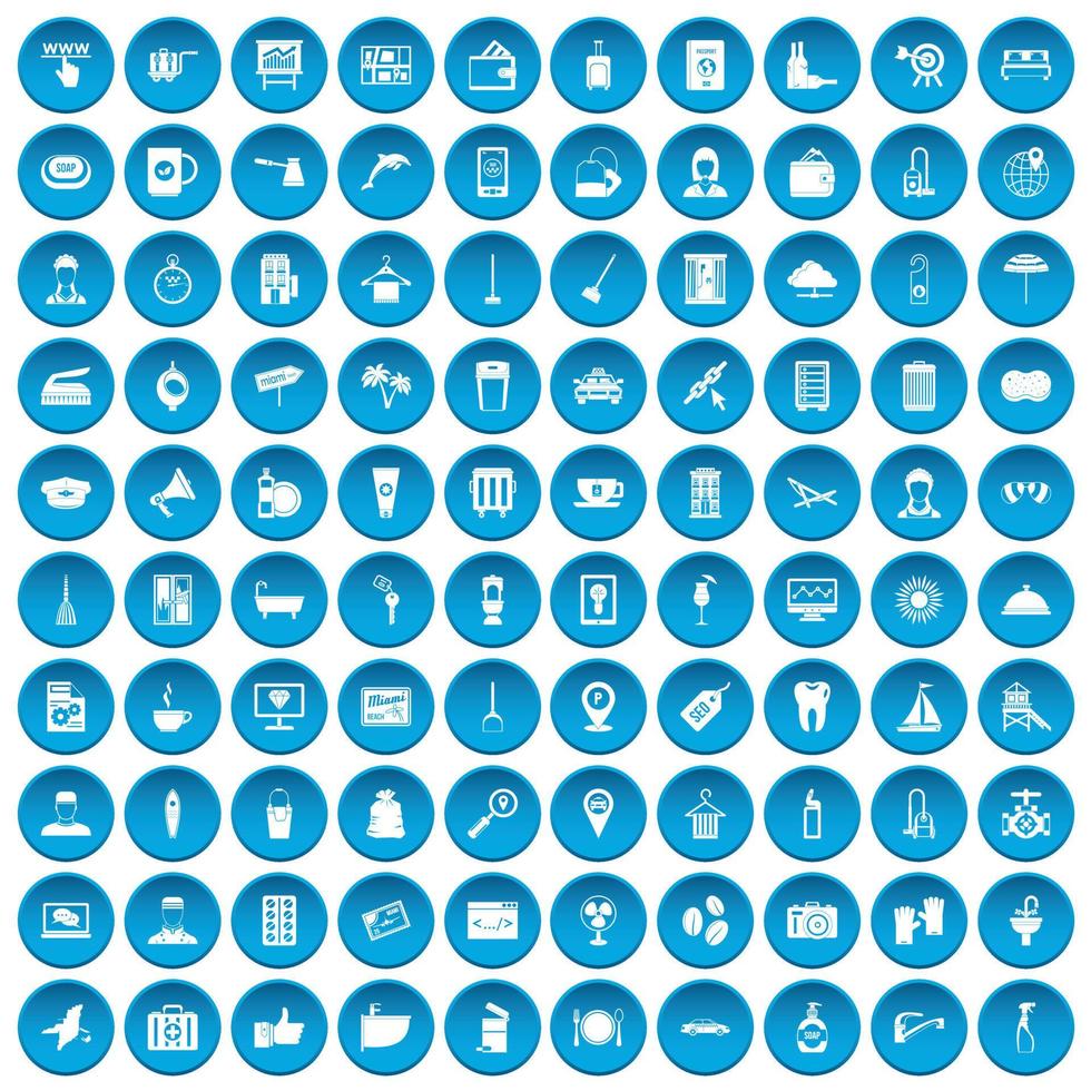 100 icone dei servizi alberghieri impostate in blu vettore