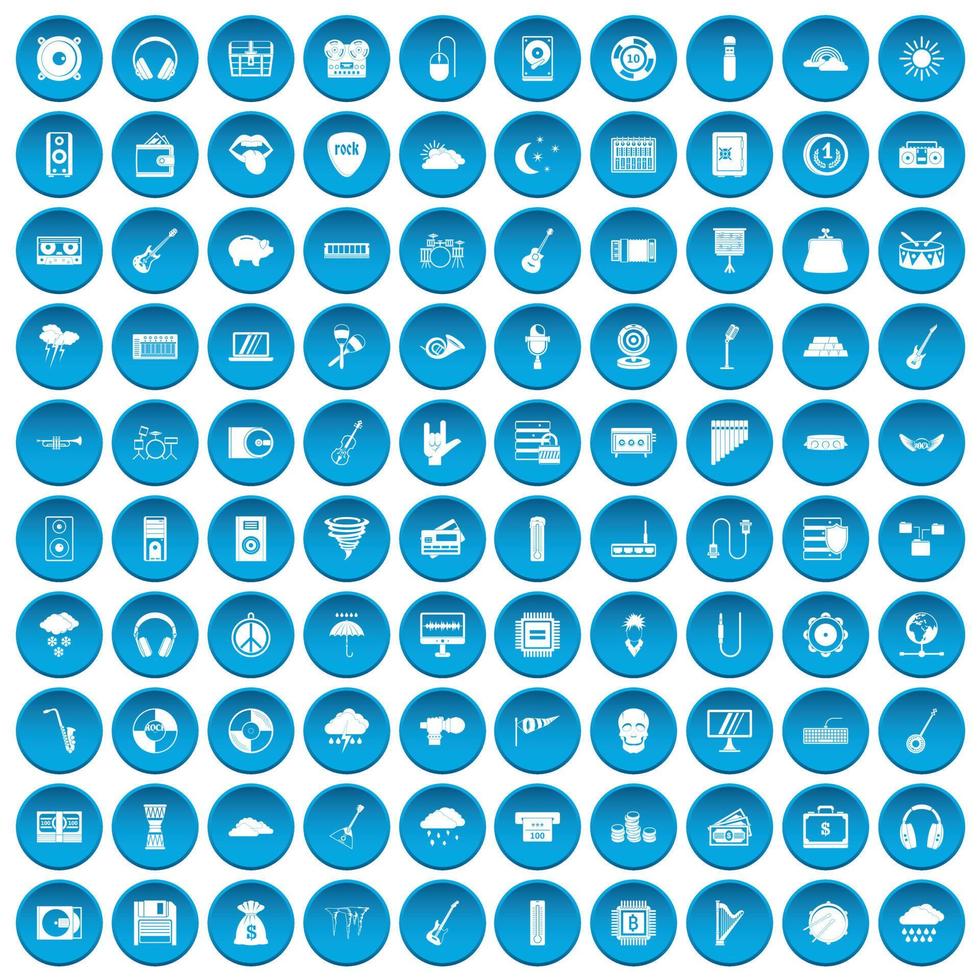 100 icone di festival musicali impostate in blu vettore