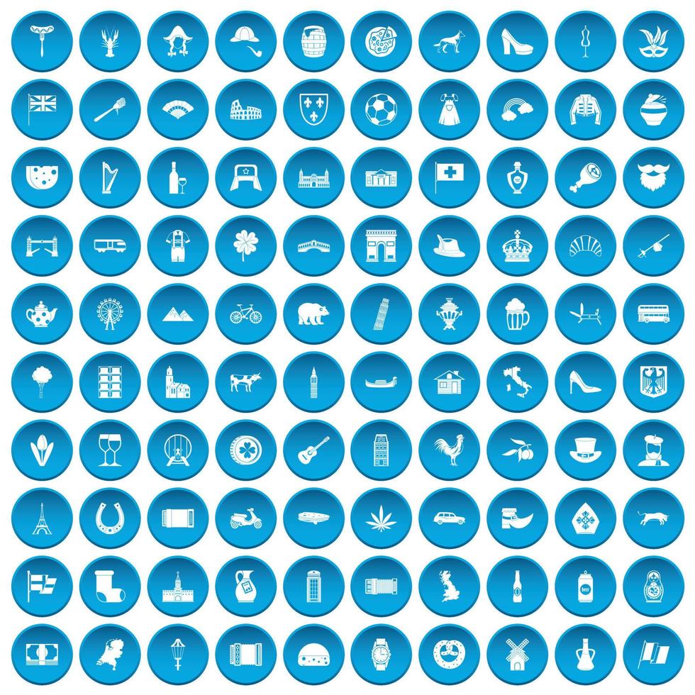100 icone dell'Europa impostate in blu vettore