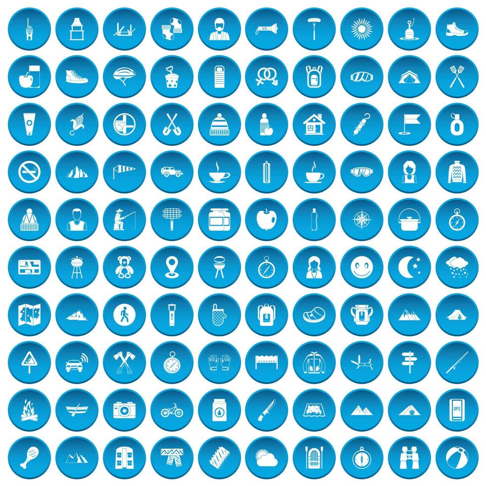 100 icone di campeggio per famiglie impostate in blu vettore