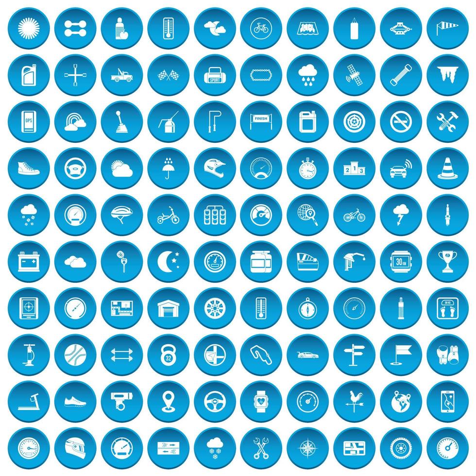 100 icone di sport motoristici impostate in blu vettore