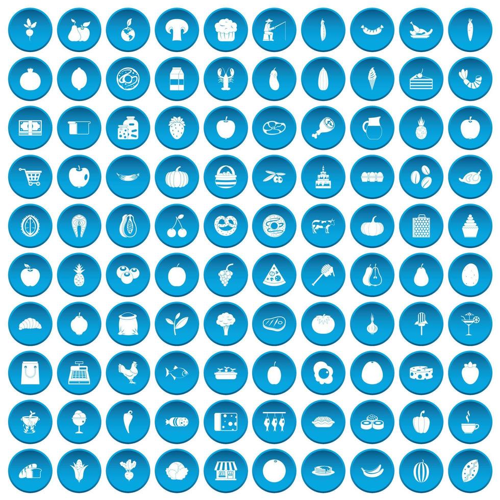 100 icone di prodotti naturali impostate in blu vettore