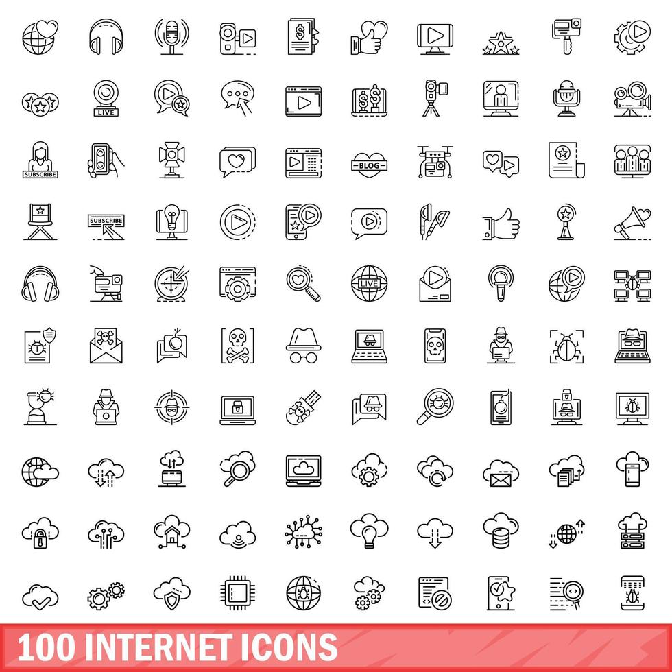 100 icone internet impostate, stile contorno vettore