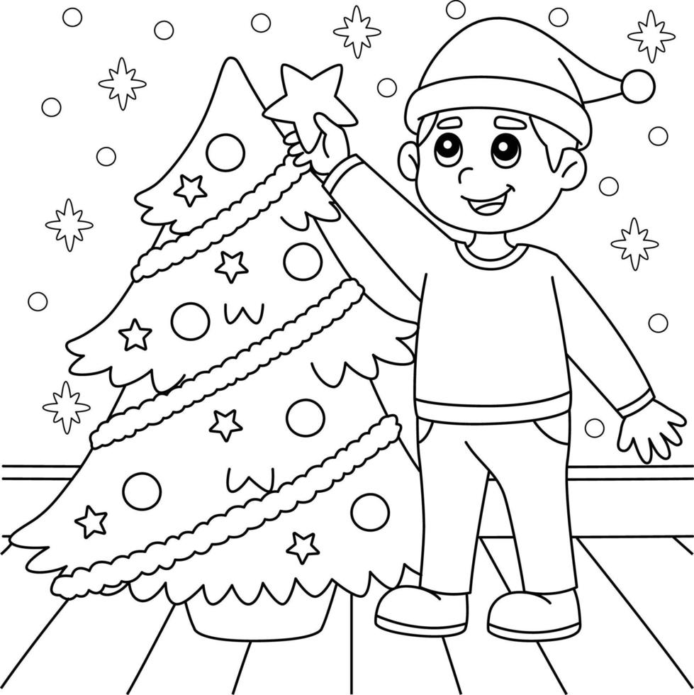 Pagina da colorare del ragazzo di Natale e dell'albero di Natale vettore