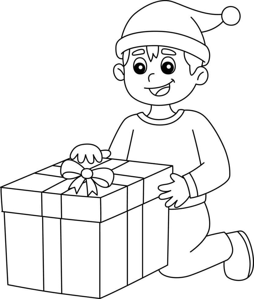Natale ragazzo regalo di apertura pagina da colorare isolata vettore
