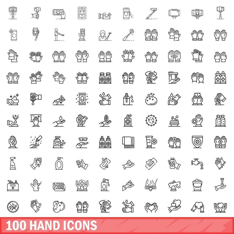 100 icone a mano impostate, stile contorno vettore