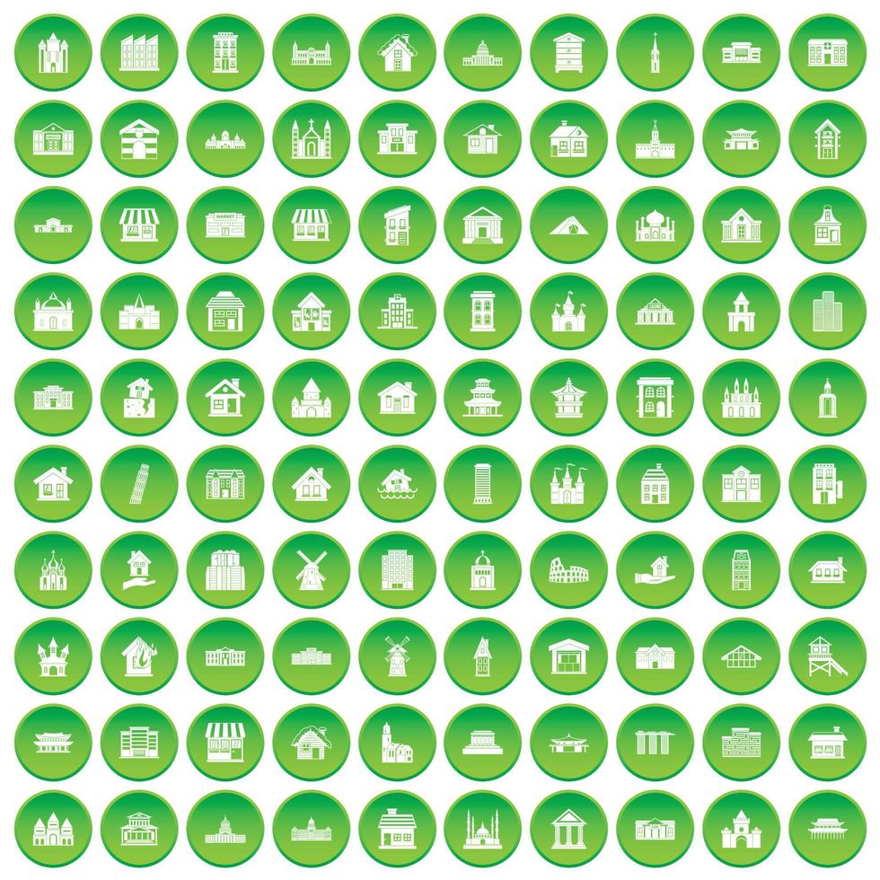 100 icone dell'edificio hanno impostato il cerchio verde vettore