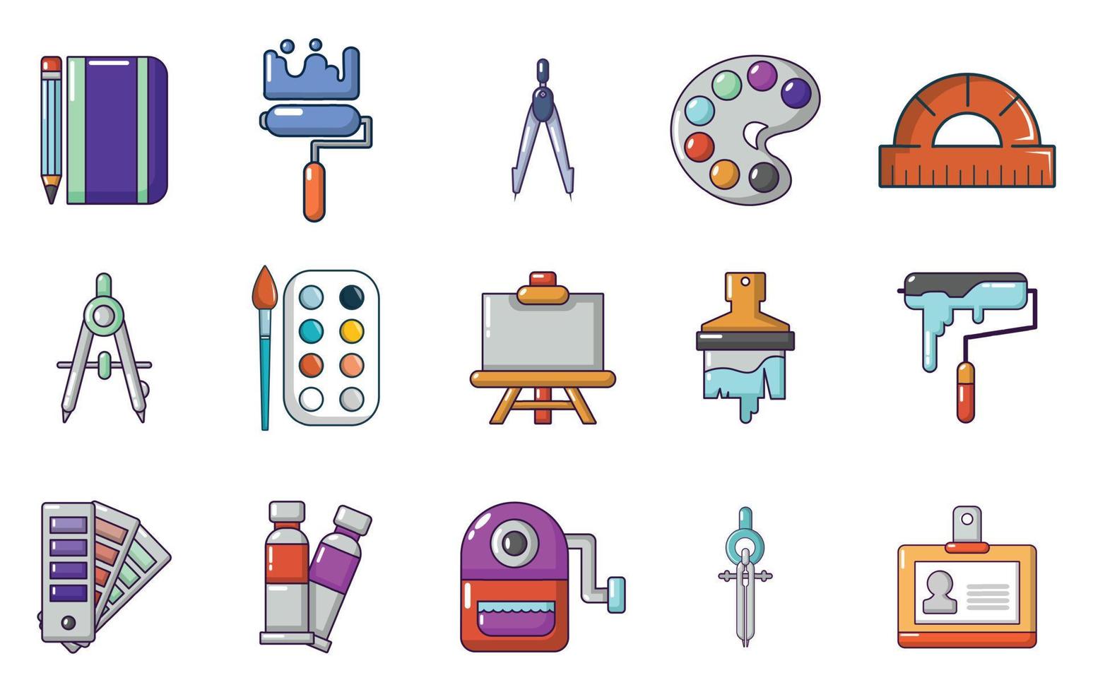 set di icone di strumenti di pittura, stile cartone animato vettore