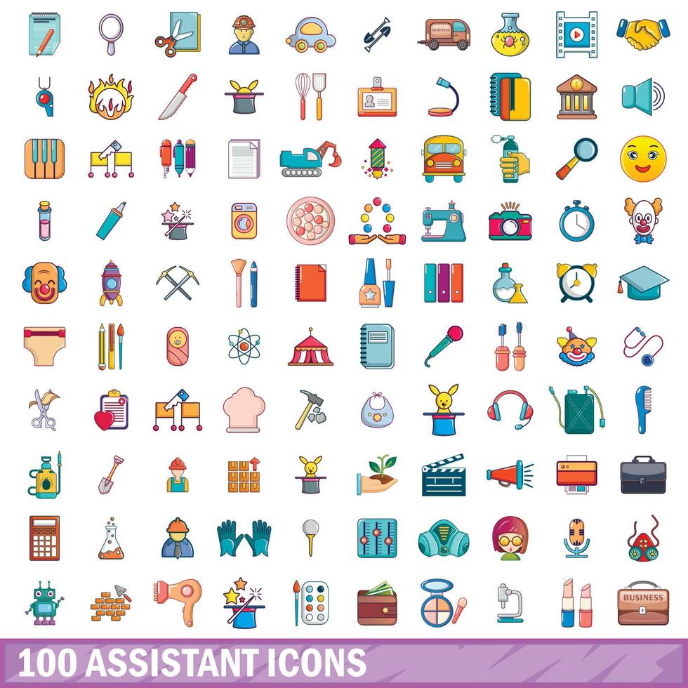 100 icone dell'assistente impostate, stile cartone animato vettore