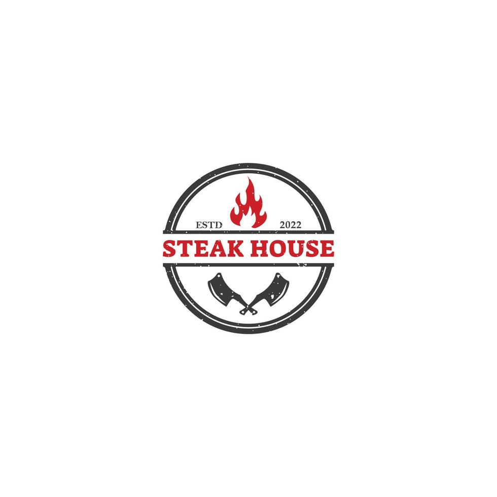 logo vintage steak house ristorante con fiamma rossa e coltello a croce nera vettore