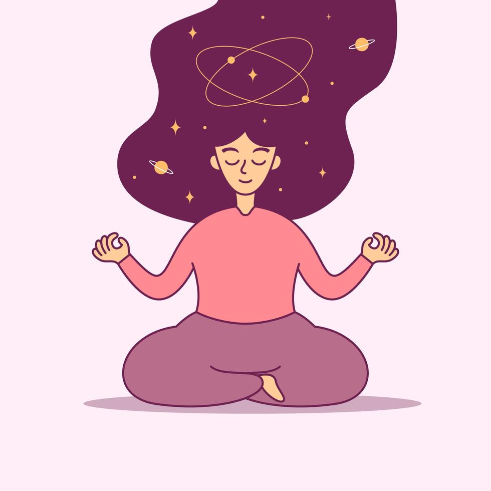 donna in posizione yoga con illustrazione dei capelli dello spazio stellato vettore