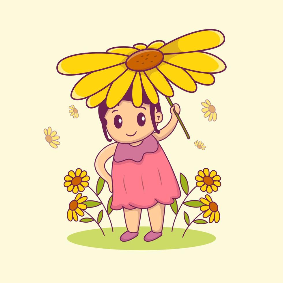 ragazza sveglia felice che tiene grande illustrazione del girasole vettore