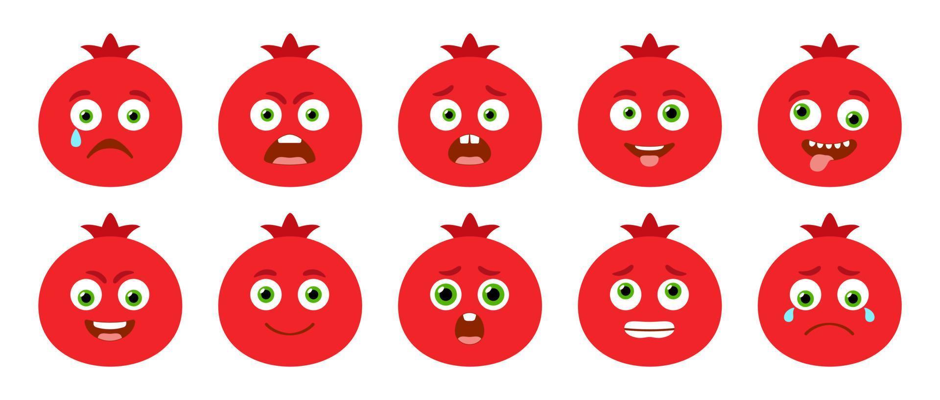 emoticon di melograno carino. insieme vettoriale isolato