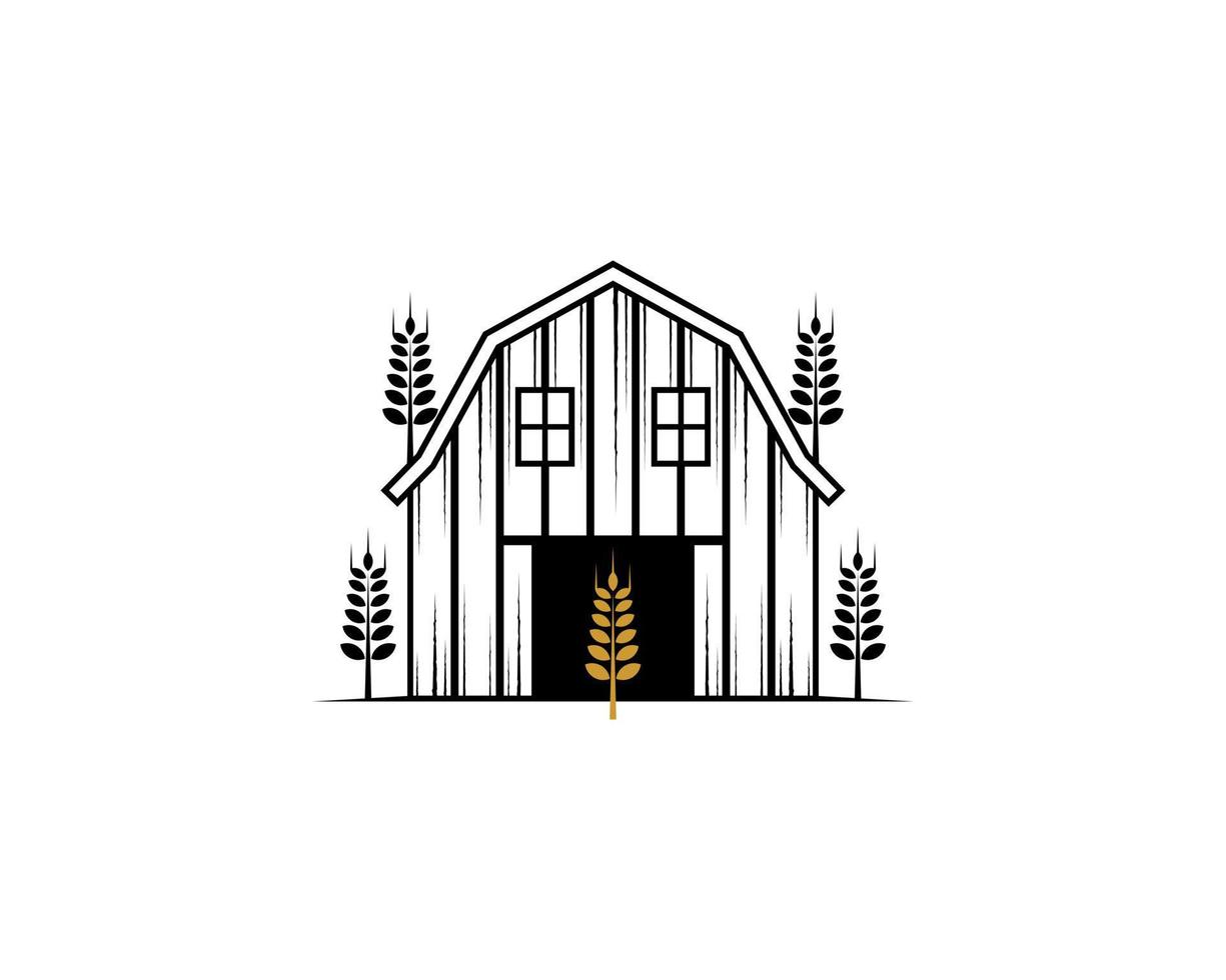 logo dell'illustrazione della siluetta del fienile e del grano vettore