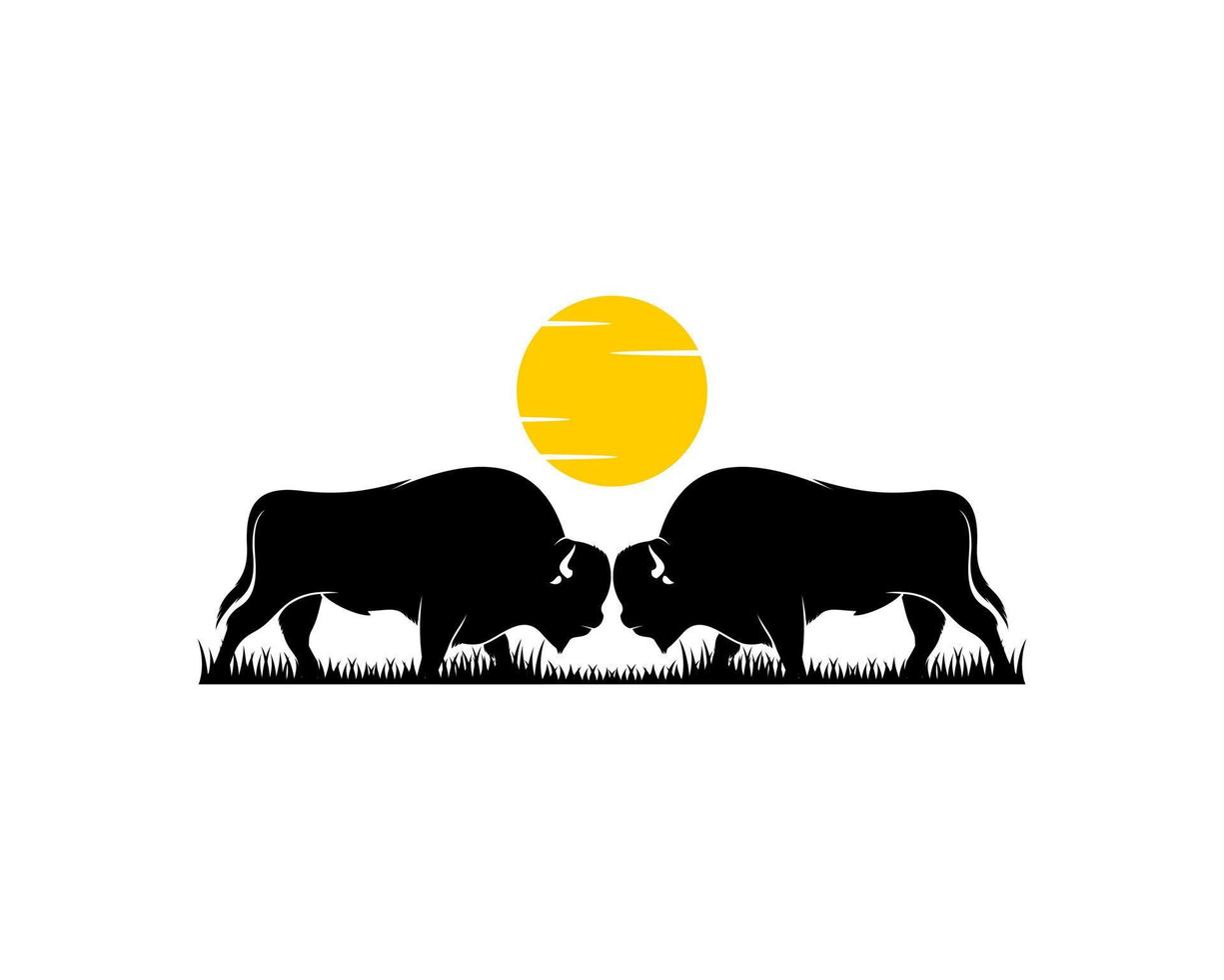 bisonte testa a testa sul logo del tramonto vettore